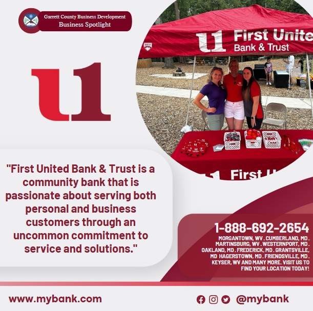 Today's Business Spotlight 📣 is on First United Bank and Trust!
Visit them at www.mybank.com or First United Bank & Trust 
Follow us to see more daily Garrett County Business Spotlights!
If you are interested in having your business featured contact Connor Norman at cnorman@garrettcountymd.gov. #businessdevelopment #garrettcountymd